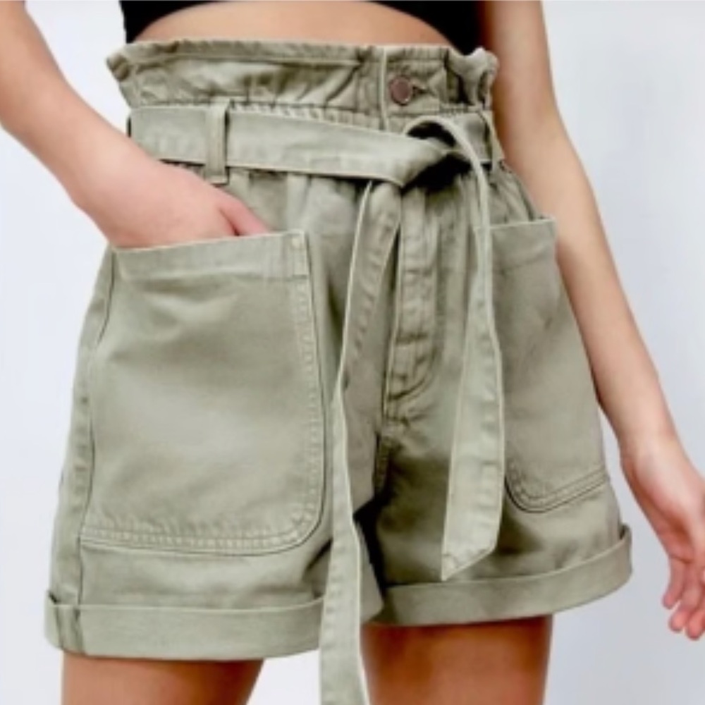 Zara High Rise Waist Tie Shorts Army Green Size 0